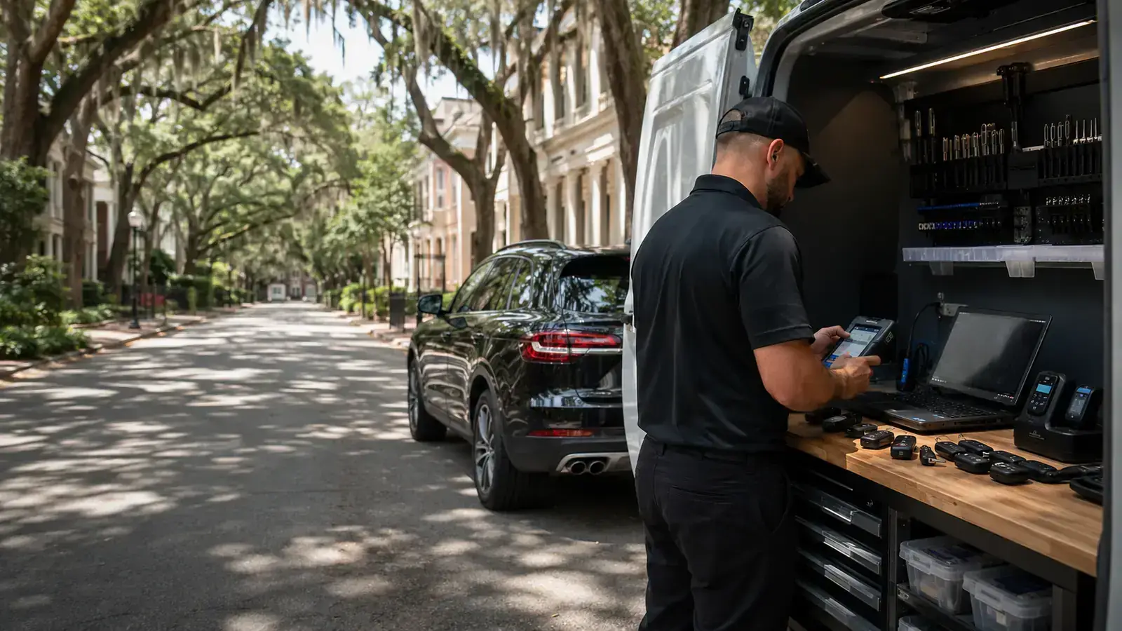 Savannah Car Keys technician programming a key fob at the mobile service van on a Savannah street